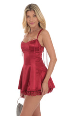 Double Bows Satin Lace Ruffle Dress in Red