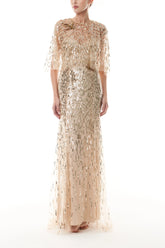 Gold Embroidered Gown With Capelet