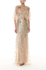 Gold Embroidered Gown With Capelet