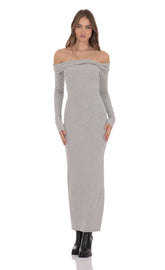 Twist Off Shoulder Maxi Dress in Grey
