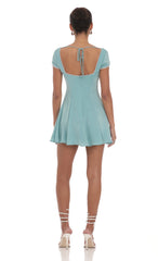 Satin Short Sleeve A-line Dress in Aqua Blue