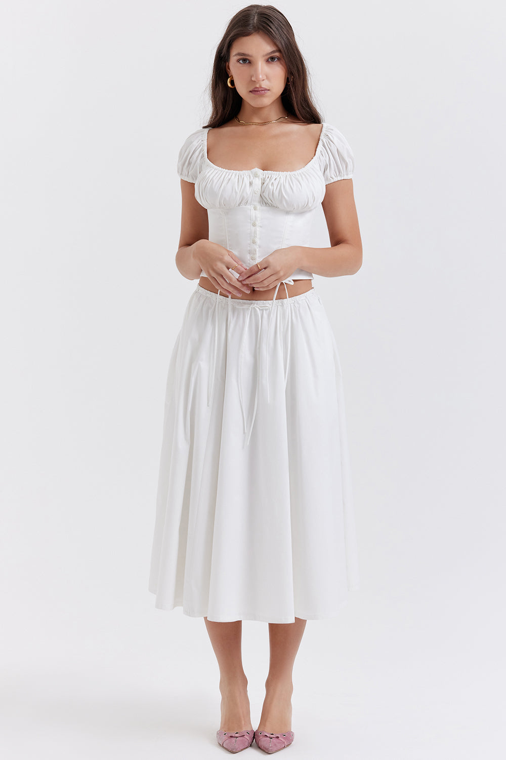 white gathered midi skirt