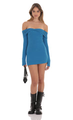 Twist Ribbed Off Shoulder Sweater Dress in Blue
