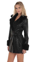 Faux Fur Leather Trench in Black