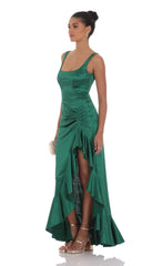 Satin Ruched Ruffle Slit Maxi Dress in Green