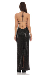 Sequin Halter Maxi Dress in Black