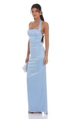 Satin Halter Maxi Dress in Light Blue
