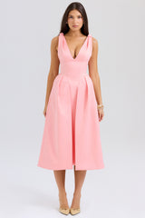 peach satin pleated midi dress