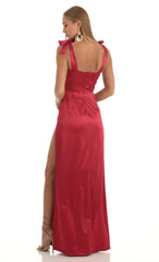 Satin Slit Maxi Dress in Red