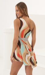 One Shoulder Mesh Cutout Dress in Swirl Print