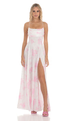 Satin Floral Maxi Dress in White