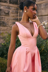 peach satin pleated midi dress
