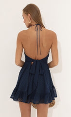 Dotted Chiffon Ruffle Dress in Navy