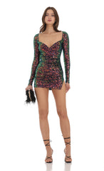 Sequin Long Sleeve Dress in Rainbow Chrome