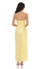 Satin Halter Flower Maxi Dress in Yellow