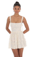 Floral Mesh Lace A-line Dress in Cream