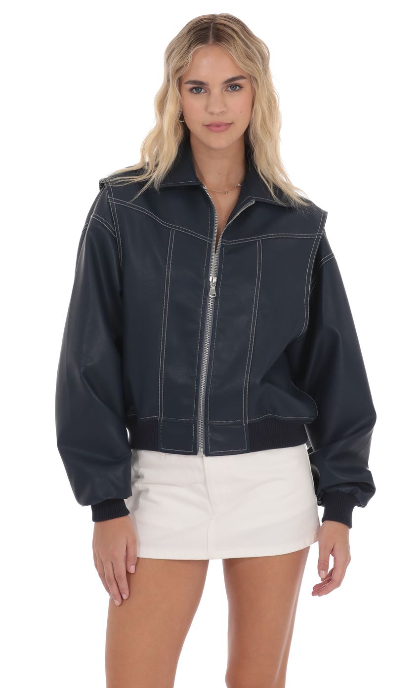 Faux Leather Bomber in Navy