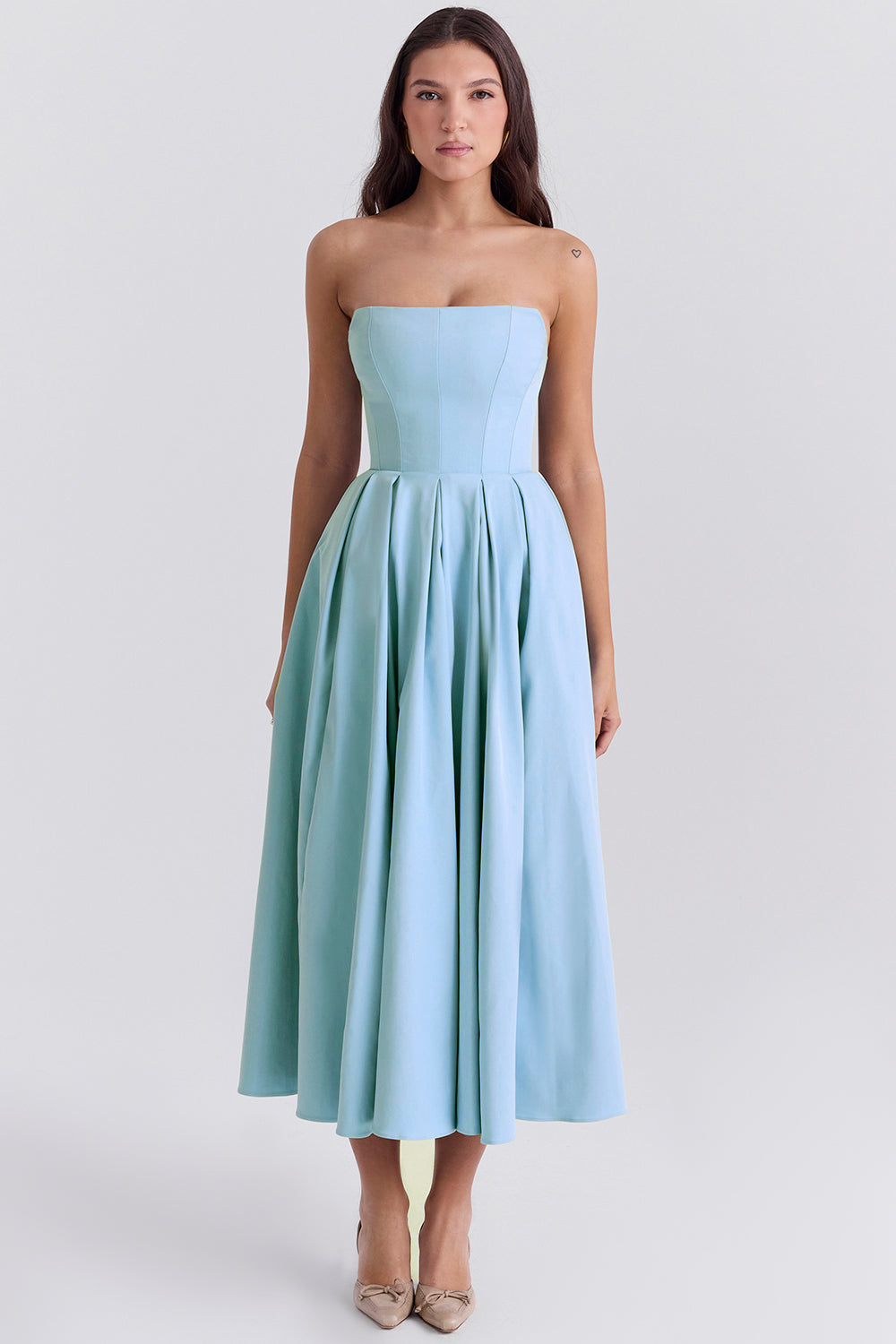 tuscan blue strapless midi sundress