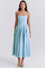 tuscan blue strapless midi sundress