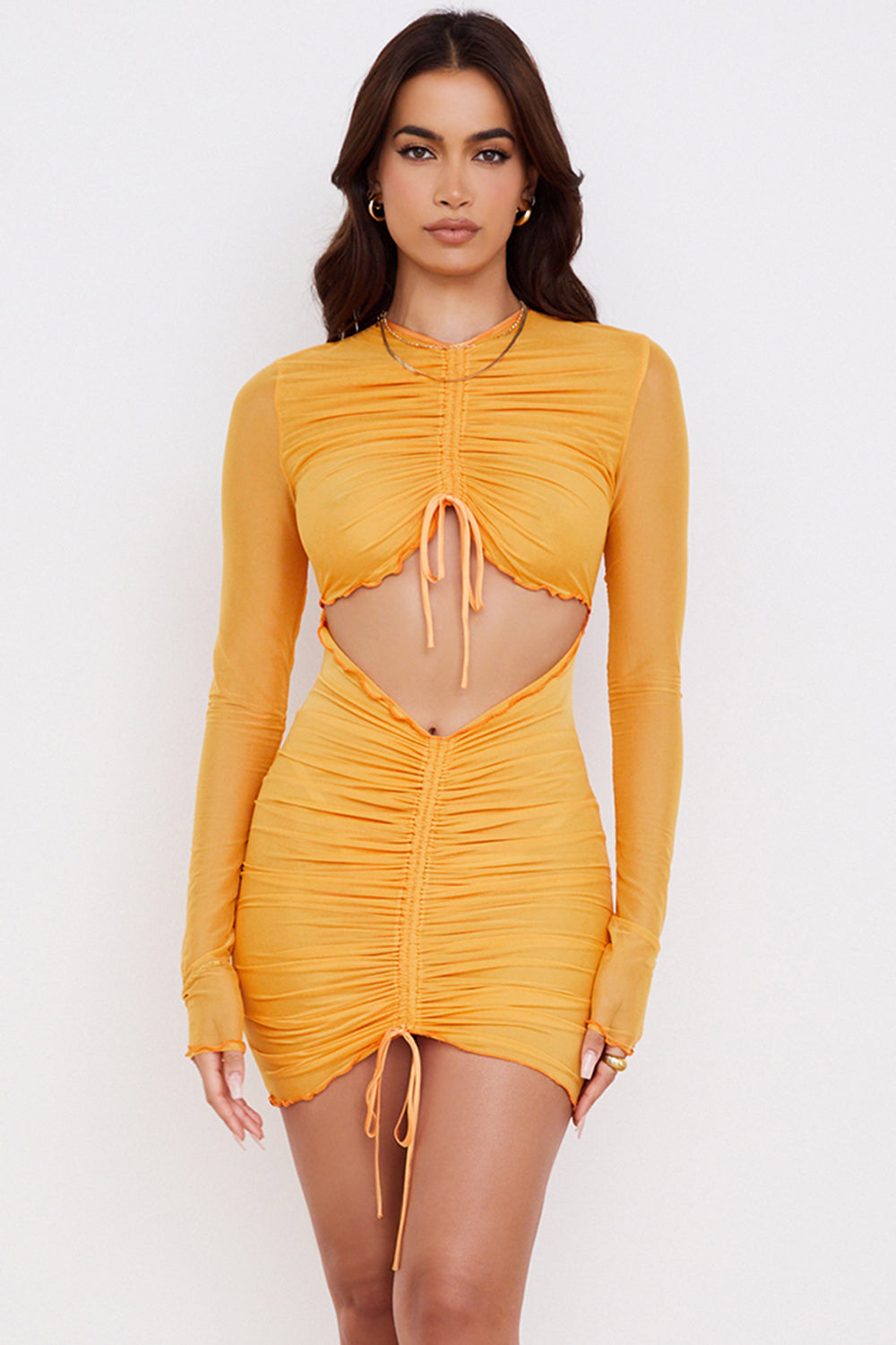 orange ruched mesh long sleeve cutout mini dress
