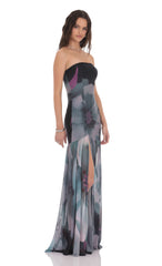 Foral Mesh Strapless Maxi Dress in Navy