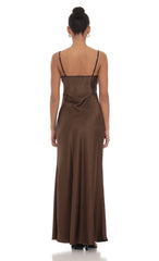 Satin Shift Maxi Dress in Brown