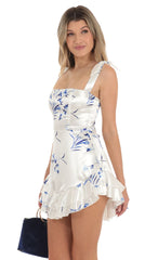 Satin Floral Ruffle Dress in White