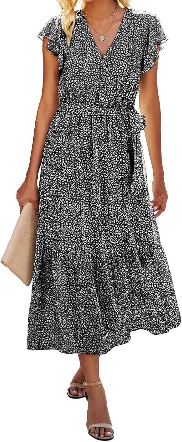 BTFBM Women Summer Bohemian Floral Casual Wrap V Neck Ruffle Cap Sleeveless Belt A-Line Pleated Hem Midi Sun Dress White