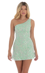 Sequin Floral One Shoulder Dress in Seafoam