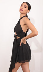 Halter Dress in Black Crinkle Chiffon