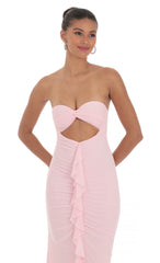 Mesh Cutout Ruffle Maxi Dress in Pink