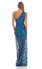 Sequin One Shoulder Maxi Dress in Blue