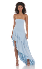 Strapless Ruffle Asymmetrical Maxi Dress in Blue