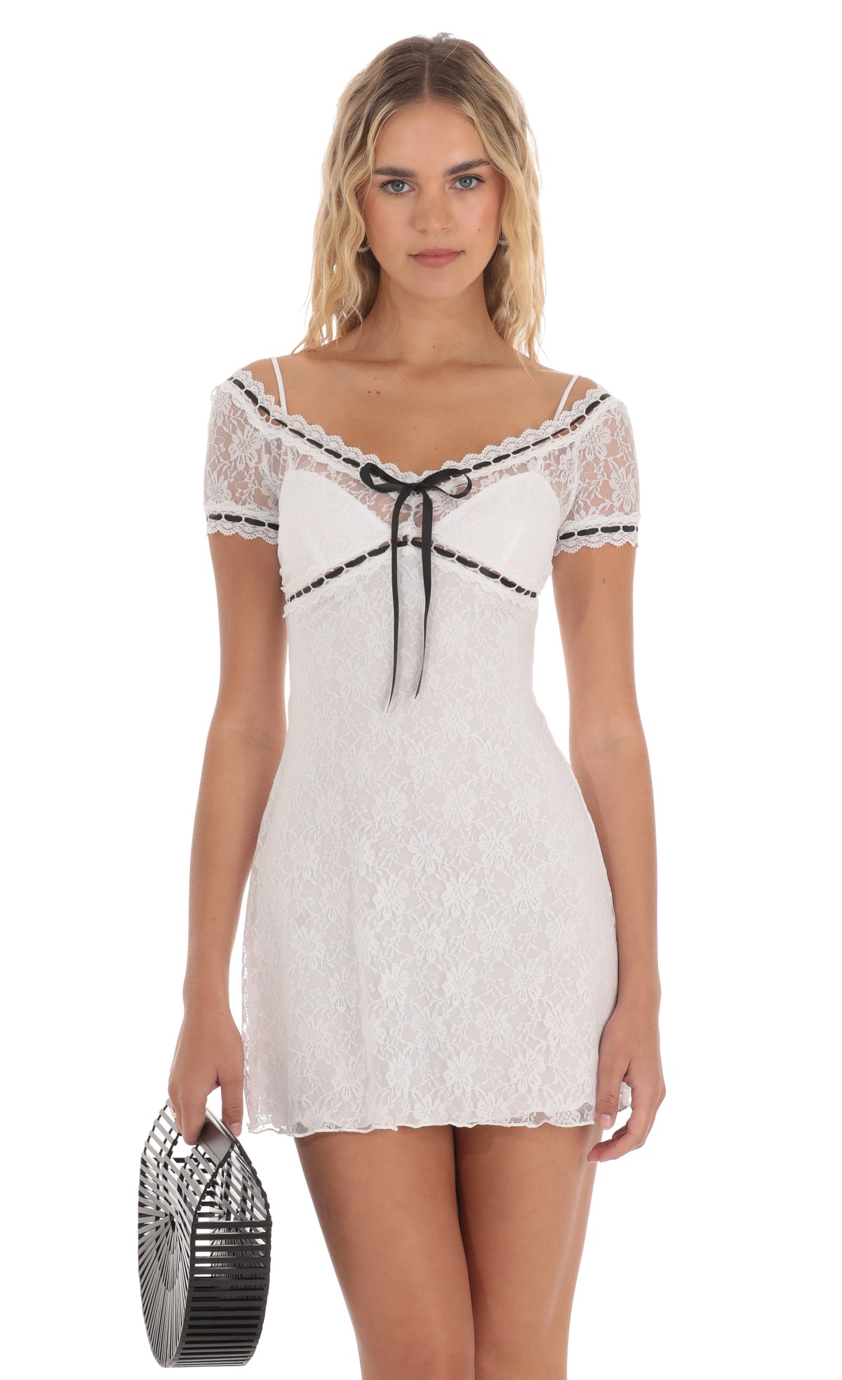Black Ribbon Lace Dress in White