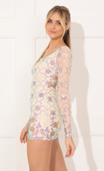 Long Sleeve Bodycon Dress in Nude and Multicolor Sequin