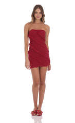 Mesh Strapless Ruffle Dress in Red