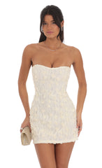 Textured Floral Strapless Dress in Cream Yellow