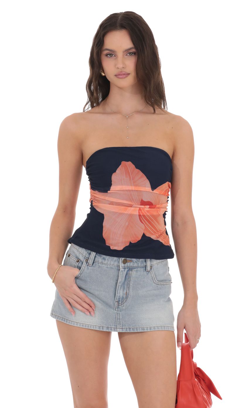 Mesh Floral Ruched Tube Top in Navy
