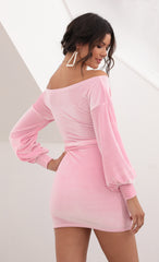 Off Shoulder Dress in Velvet Baby Pink