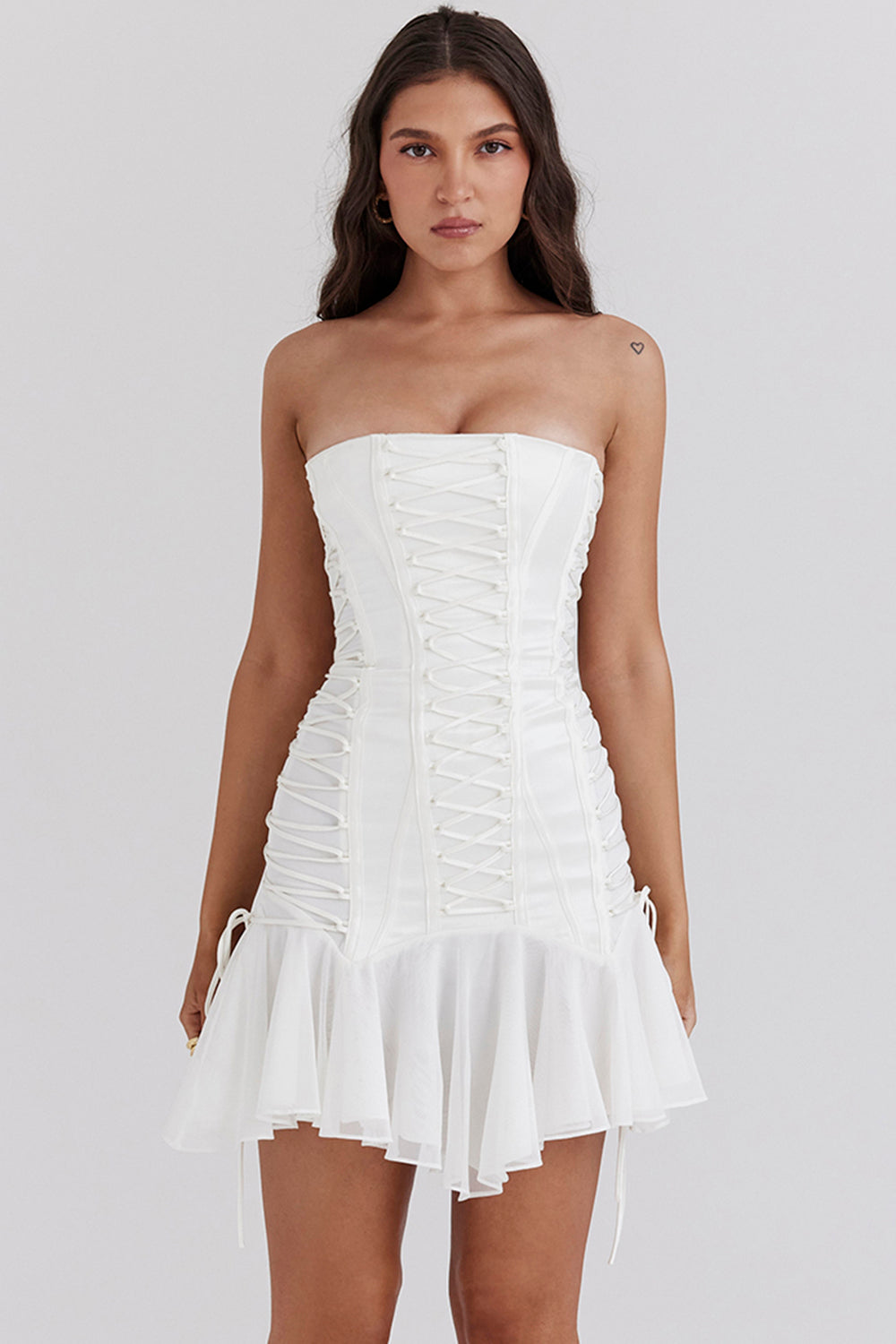 white strapless lace up mini dress