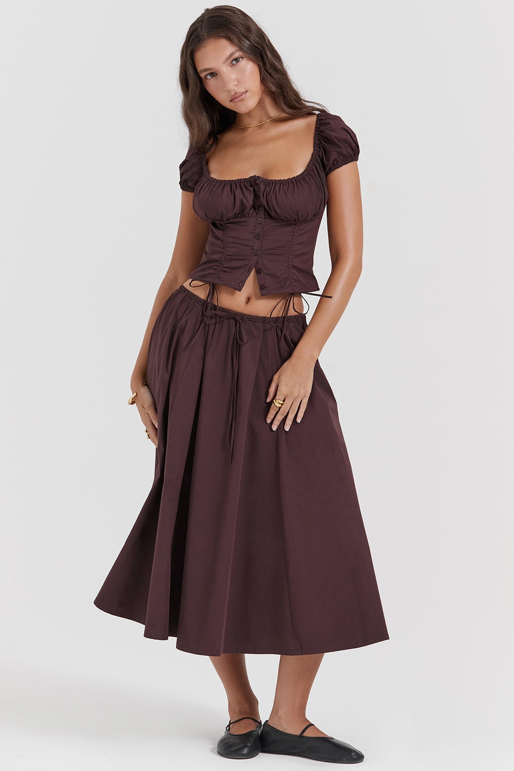 rich brown gathered midi skirt