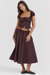 rich brown gathered midi skirt