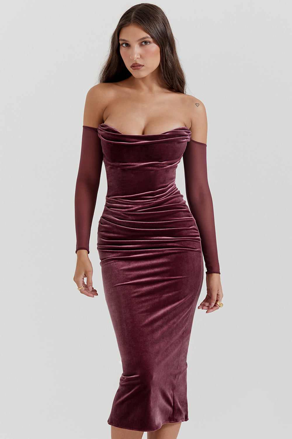 mulberry strapless midi dress