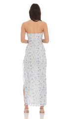 Strapless Floral Lace Ruffle Slit Dress in Pastel Blue