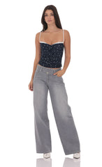 Ruched Polka Dot Mesh Top in Navy