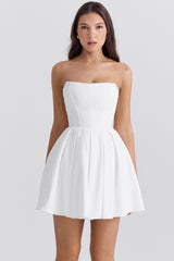white strapless pleated mini dress