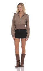 Cinched Faux Leather Bomber Jacket in Light Brown