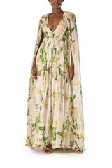 Floral Chiffon Deep V-Neck Gown