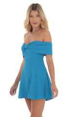 Front Bow Off Shoulder Dress in Aqua Blue