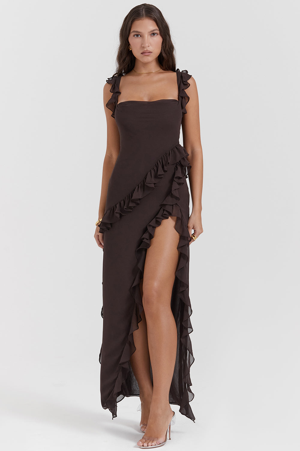 espresso ruffle maxi dress
